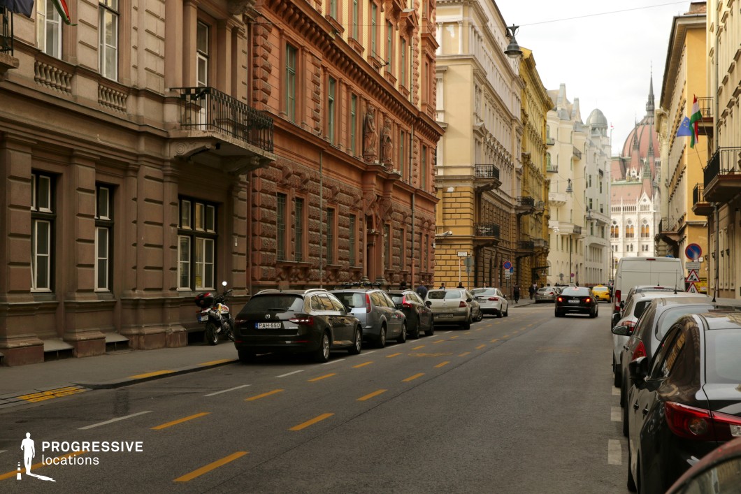 This image features a narrow city street lined with intricately designed historic buildings, creating an elegant and cohesive urban scene. The view is framed by a mix of architectural styles, with the distant spires of a grand building visible at the end of the road.

The color palette includes muted tones such as warm beige, earthy brown, and pale yellow, giving the street a classic and harmonious appearance. The natural light accentuates the textures of the stone façades, adding depth and warmth to the scene.

The materials in focus are carved stone and brick, which dominate the façades, with wrought iron railings on balconies adding decorative elements. The street is paved with asphalt, marked with clear yellow lines, emphasizing its functional urban purpose.

The perspective captures the gentle curve of the street, creating a sense of depth and leading the viewer’s eye toward the ornate building in the background. The alignment of windows, doors, and balconies showcases the architectural rhythm of the street, while parked cars add a contemporary urban layer.

This location is ideal for productions that require a mix of historic charm and modern functionality. The setting conveys a timeless urban elegance, perfect for scenes that highlight architecture, city life, or the intersection of history and modernity.