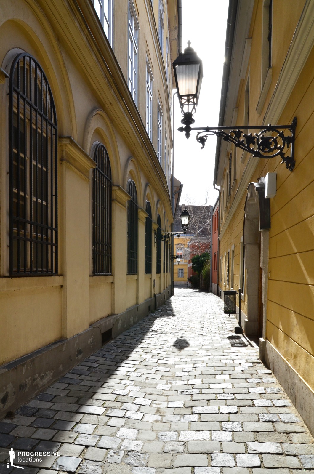This image features a charming cobblestone alley nestled between two historic buildings painted in warm yellow tones. The left building is adorned with arched windows framed by wrought-iron grills, adding an elegant touch to its classic architecture. The right building complements this aesthetic with its smooth facade and a decorative wrought-iron bracket supporting a vintage-style street lamp. The alley is narrow, creating an intimate atmosphere, and gently curves toward a bright, inviting courtyard in the distance.

The sunlight enhances the vibrancy of the yellow facades and creates dynamic shadows across the textured cobblestones, adding depth to the scene. The composition conveys a romantic and timeless charm, ideal for period settings or scenes emphasizing tranquility and classic European urban aesthetics.