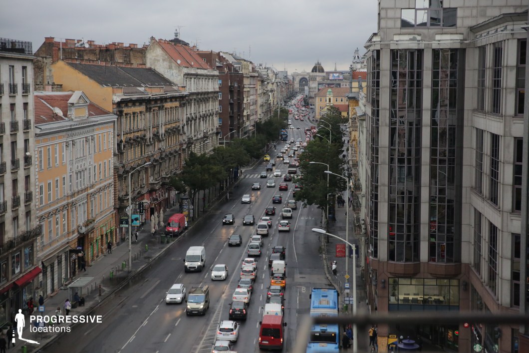 This location features a wide, six-lane boulevard, showcasing the bustling, high-traffic energy of a major urban thoroughfare. The street's sheer width makes it stand out as a focal point, with vehicles moving in both directions and a consistent flow of activity that emphasizes its importance as a city artery.

Captured from a high vantage point, the image provides a comprehensive view of the broad street framed by densely packed buildings. The left side highlights ornate, older facades, while the right features modern glass-fronted structures, creating a striking contrast between the past and present. Together, these architectural elements contribute to a layered, dynamic cityscape with a distinctly Eastern European atmosphere.

The perspective enhances the visual depth, drawing the viewer’s eye along the stretch of road toward the grand historical building in the distance, which anchors the scene. The tree-lined street, though functional, adds a touch of greenery, softening the otherwise gritty urban aesthetic.

The six lanes of heavy traffic dominate the scene, offering a sense of urgency and motion, ideal for capturing sequences involving city life, transit, or urban hustle. This wide, busy street can effectively convey the intensity and scale of a modern metropolis, especially for productions needing a raw, grounded urban environment.