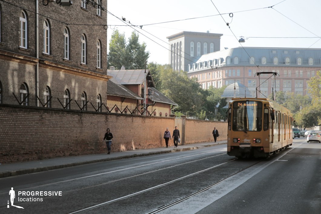 The image portrays an urban street scene, featuring a traditional yellow tram running along tracks embedded in the roadway. To the left, a tall brick building with arched windows provides a historical and industrial atmosphere. A brick wall extends along the street, topped with wrought-iron barriers, adding a sense of separation and structure to the space.

In the background, additional buildings of varying styles are visible. One prominent structure has a mix of modern and classical architectural elements, such as large windows and a mansard roof. The trees interspersed throughout the scene soften the urban landscape, creating a balance between architecture and greenery.

The tram and its overhead cables add dynamic urban elements, evoking a sense of movement and functionality. The sidewalk alongside the brick wall is wide, with pedestrians walking along it, enhancing the feeling of a lived-in, practical environment.

This location is ideal for filming or photographing urban mobility, with its combination of historic architecture, tram tracks, and modern infrastructure. The mix of textured brick and greenery creates a visually engaging contrast, while the long perspective lines formed by the tracks and wall emphasize depth and structure in the composition.