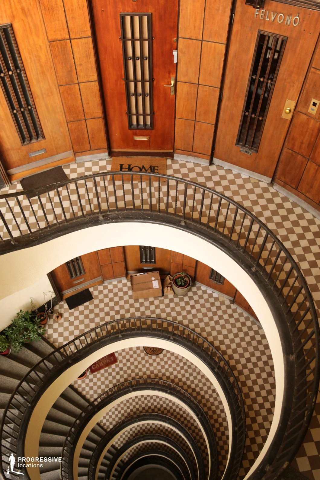 This visually captivating staircase spirals downward in a smooth, oval-shaped curve, framed by simple yet elegant metal railings. The surrounding space is dominated by warm-toned wooden paneling with vertical grooves, enhancing the vintage character of the setting. The checkered tile flooring contrasts with the organic curvature of the stairs, adding a geometric element to the composition. The doors, featuring narrow glass panes with metal grilles, suggest a mid-century architectural style, while the soft lighting and natural textures create an inviting yet slightly mysterious ambiance. This location is ideal for noir-inspired thrillers, psychological dramas, or retro period films, offering an evocative and immersive backdrop for introspective or suspenseful storytelling.