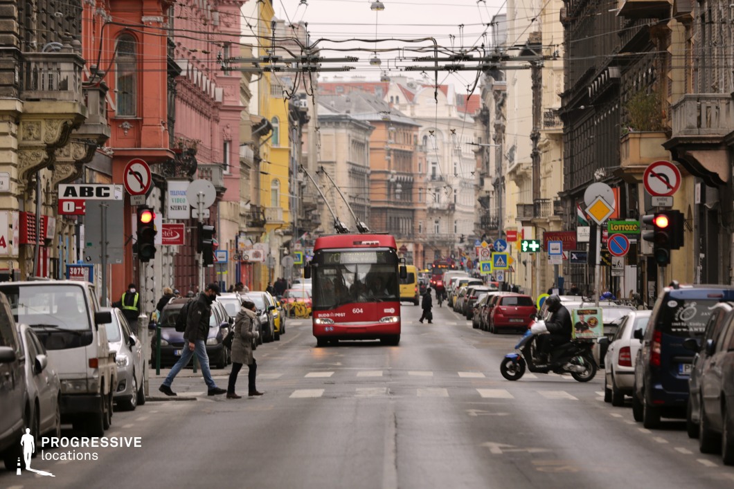This dense, architecturally rich city street captures the energy of urban life, framed by a mix of ornate historic buildings with intricate facades in warm, earthy tones. The street is lined with vehicles, overhead trolley wires crisscrossing above, emphasizing the active transportation network. A red trolleybus moves through the scene, adding a dynamic focal point that contrasts with the classic European-style architecture. The perspective leads towards the vanishing point in the distance, creating depth and highlighting the layered composition of urban elements. This location offers a vibrant mix of history and modernity, making it ideal for capturing the rhythm and atmosphere of a bustling metropolitan environment.