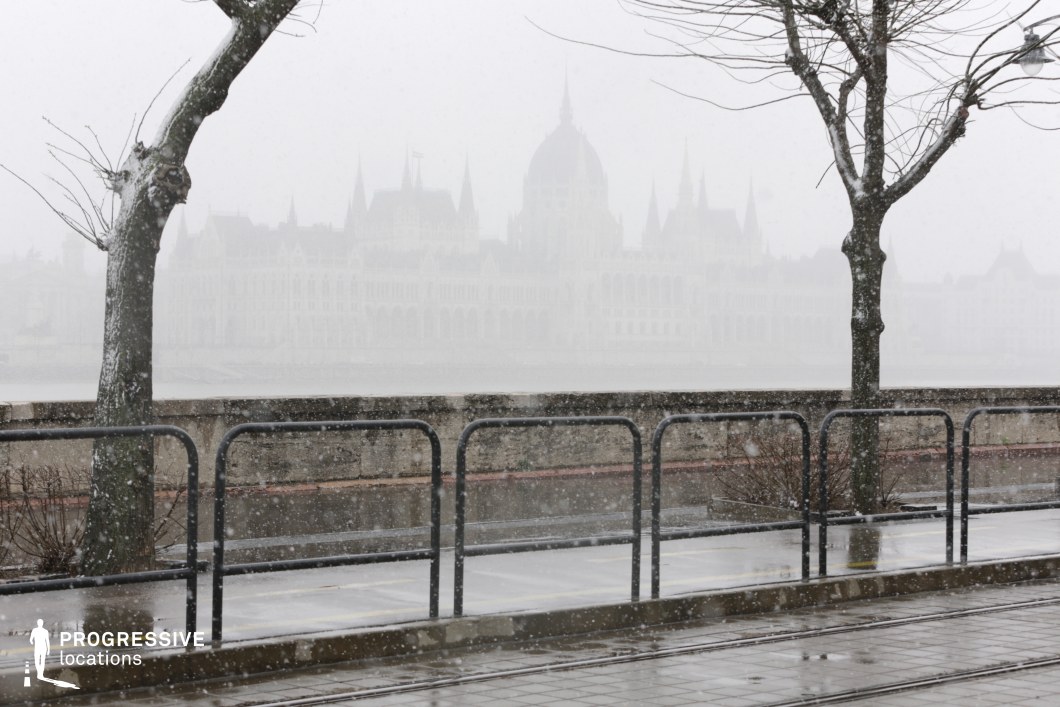 This image captures a riverside promenade with a grand historic building faintly visible in the background. Bare trees with delicate branches frame the scene, while dark metal railings add structure and depth. The tram tracks in the foreground provide a subtle urban element, leading the eye towards the architectural backdrop. The soft diffused light enhances the sense of quiet and solitude. This location is ideal for film scenes that require a melancholic, reflective, or mysterious tone, making it perfect for dramatic sequences, contemplative moments, or cinematic cityscapes.
