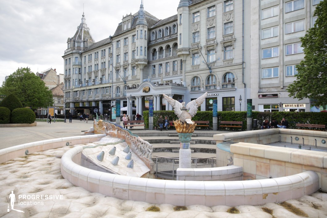 This grand urban plaza is dominated by an opulent historic building featuring intricate architectural details, turrets, and arched windows, exuding a classical European charm. In the foreground, an elaborate dry fountain with sculptural elements, including a stylized bird figure, adds a unique artistic focal point. The surrounding benches, manicured greenery, and wide pedestrian walkways enhance the inviting public space. This location is ideal for filming elegant period dramas, sophisticated urban sequences, or cultural explorations, offering a visually rich backdrop for leisurely conversations, refined city life, or moments of introspection in a stately environment.