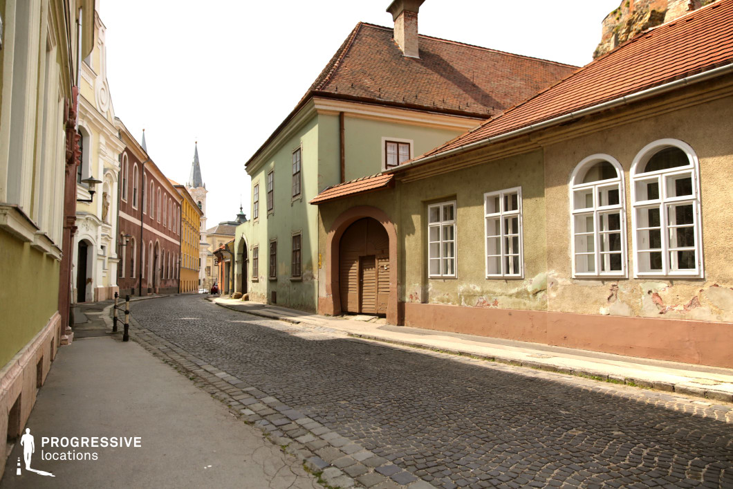 This picturesque cobblestone street is lined with colorful, weathered buildings featuring a mix of architectural styles, evoking a timeless European charm. The aged facades, arched doorways, and tiled roofs enhance the historic character of the setting, while the gently curving street creates depth and perspective. In the background, a church tower adds a sense of cultural and historical continuity. This location is ideal for filming period dramas, romantic narratives, or mystery thrillers, offering an atmospheric backdrop that can represent an old-world town, a hidden alleyway, or a nostalgic setting for introspective moments. The textured surfaces and rich color palette make it visually compelling for cinematic compositions.
