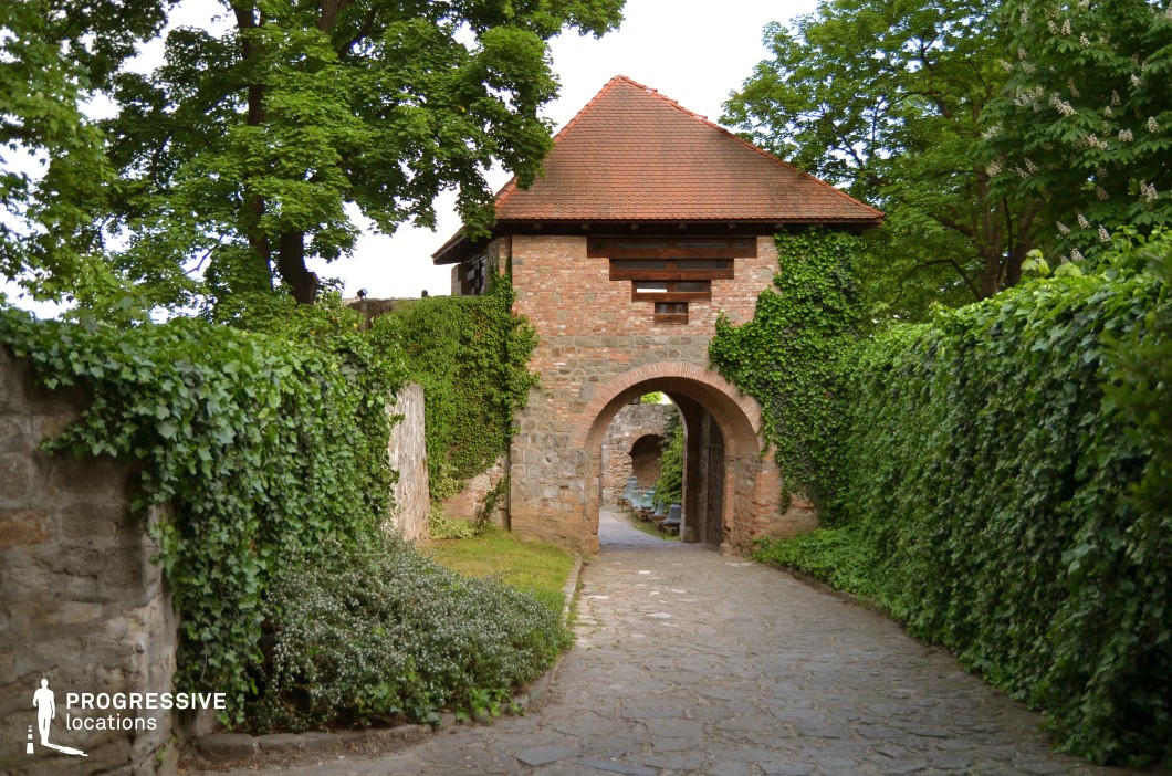 This picturesque medieval gatehouse, constructed from red brick and stone, features a steeply pitched roof and a central arched passageway leading into a secluded courtyard. The surrounding ivy-covered stone walls and lush greenery enhance the historical ambiance, creating a sense of seclusion and timelessness. The worn cobblestone pathway adds to the authenticity of the setting, making it ideal for period dramas, fantasy films, or historical adventure scenes. This location is perfect for depicting castle entrances, secretive meetings, or medieval townscapes in cinematic storytelling.