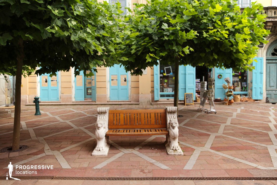 This image captures a picturesque European plaza featuring an elegant wooden bench with intricately carved stone supports. The patterned brick pavement and symmetrically arranged trees create a welcoming and structured ambiance. In the background, a historic building with warm-toned walls and vibrant turquoise wooden shutters enhances the visual charm. The open storefronts, decorative elements, and artisanal goods evoke a lively yet timeless atmosphere. This location is ideal for filming lighthearted dramas, romantic films, or slice-of-life narratives, offering a warm, inviting setting reminiscent of Mediterranean or Central European towns.