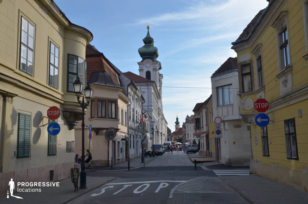 This charming European street is lined with well-preserved historic buildings in warm pastel tones, featuring intricate architectural details, wooden shutters, and wrought-iron street lamps. The cobblestone road leads toward a striking clock tower with a green onion dome, enhancing the old-world charm. The balanced composition and perspective create a visually engaging depth, drawing attention to the distant square. Ideal for filming period dramas, romantic films, or cultural documentaries, this location offers a vibrant yet intimate urban backdrop for scenes centered on historical heritage, small-town life, or leisurely city exploration.