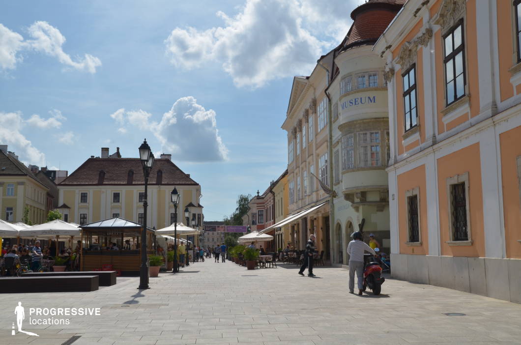 This charming European town square is lined with elegant historic buildings featuring ornate facades, bay windows, and pastel-colored exteriors. The wide pedestrian walkway is paved with smooth stone and flanked by vintage street lamps, enhancing the classic ambiance. Sidewalk cafés with outdoor seating under large umbrellas contribute to the lively yet relaxed atmosphere. The blend of Baroque and Neoclassical architecture provides a timeless aesthetic, making this location ideal for filming romantic dramas, historical narratives, or vibrant urban sequences that capture the essence of European culture and refined city life.
