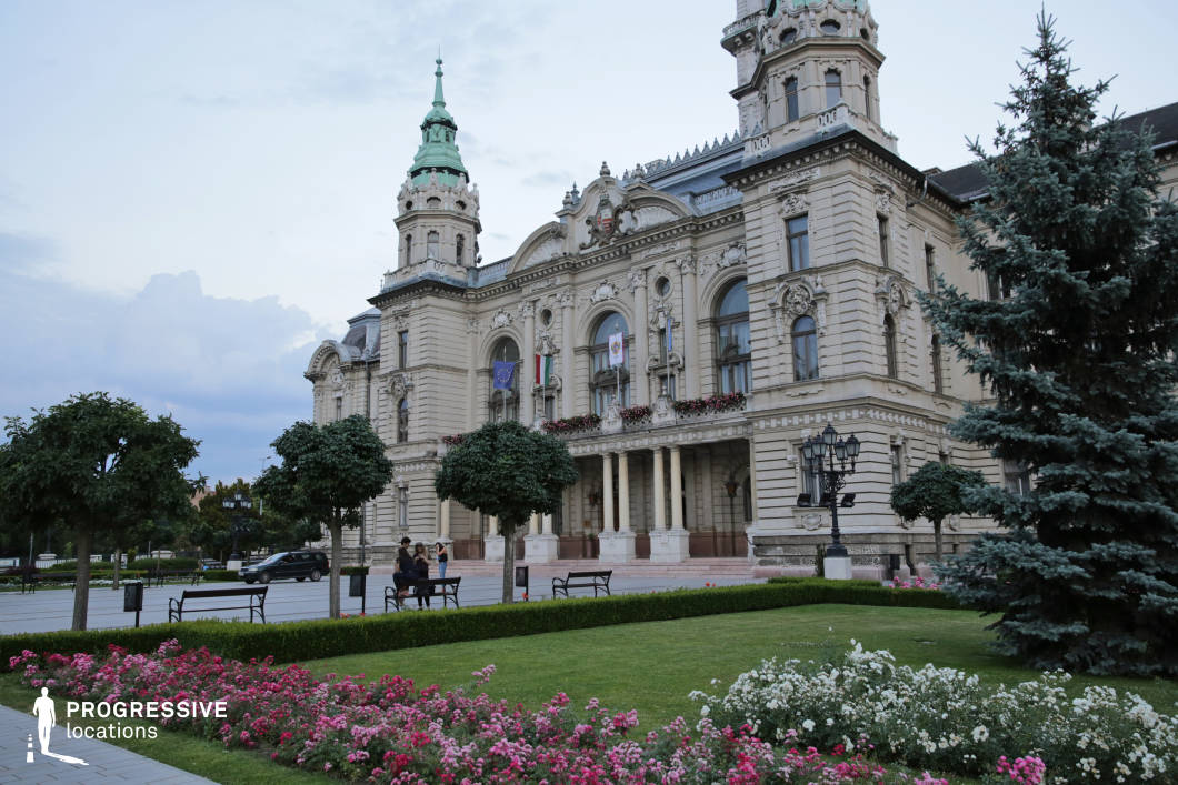 This grand historic building, likely a town hall or municipal palace, features an elaborate neoclassical facade adorned with sculpted details, arched windows, and decorative spires topped with green copper domes. The symmetrical design, framed by elegant columns and balconies with floral arrangements, exudes a regal and formal atmosphere. In the foreground, a meticulously maintained public garden with trimmed hedges, vibrant flowerbeds, and mature trees creates a picturesque setting. The combination of refined architecture and lush landscaping makes this an ideal location for period dramas, political thrillers, or romantic films, offering a stately backdrop for official gatherings, historical reenactments, or sophisticated urban storytelling.