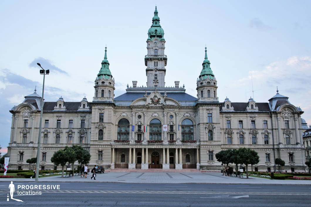 This majestic town hall, with its intricate neo-Baroque architecture, features an imposing symmetrical facade adorned with ornate carvings, arched windows, and green copper-domed towers. The central spire rises above the building, emphasizing its civic importance and grandeur. The expansive front plaza, framed by manicured trees and decorative street lamps, enhances the stately presence of the structure. The building’s elegance and commanding presence make it an ideal filming location for historical dramas, political thrillers, or period pieces, serving as a backdrop for scenes of government affairs, royal decrees, or dramatic public addresses.