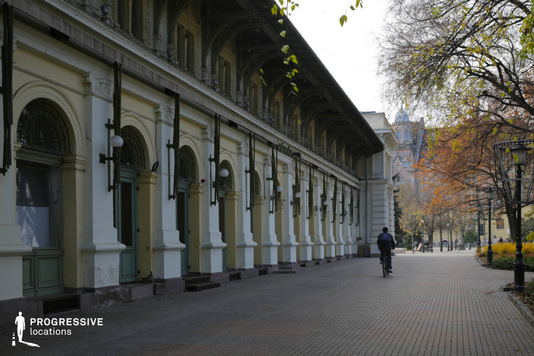 This elegant covered arcade features a long row of arched doorways and ornate architectural details, evoking the grandeur of a bygone era. The soft yellow and green tones of the façade contrast beautifully with the intricate ironwork and decorative wooden elements supporting the extended roof. The cobbled pedestrian walkway, lined with vintage lampposts and seasonal foliage, enhances the old-world atmosphere. This location is ideal for filming period dramas, European cityscapes, or romantic narratives, offering a timeless and sophisticated setting for leisurely strolls, reflective moments, or historical storytelling.