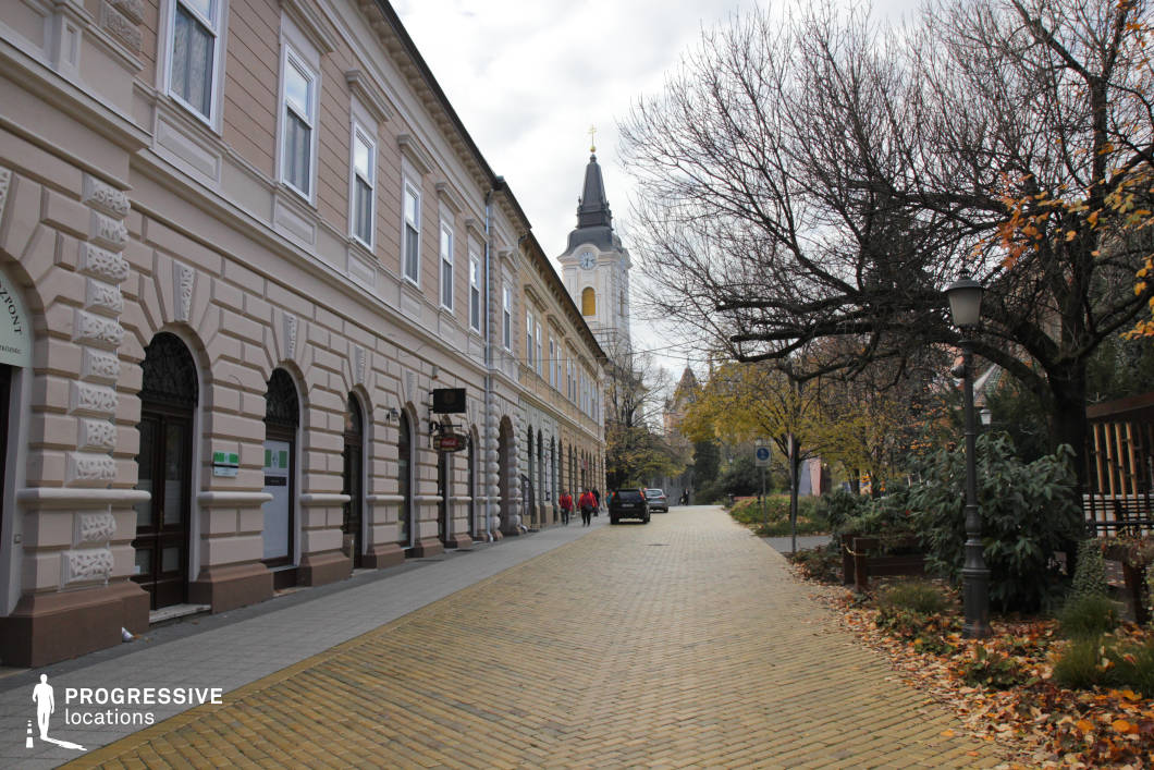 The image captures a picturesque European-style street lined with elegant neoclassical buildings featuring decorative arched doorways and intricate façade details. The warm-toned cobblestone pavement enhances the old-world charm, while traditional street lamps and benches contribute to the inviting atmosphere. A prominent church tower rises in the background, adding depth and historical character to the scene. This location is ideal for filming period dramas, romantic narratives, or cultural documentaries, providing a refined and timeless setting that evokes a sense of nostalgia and European heritage.