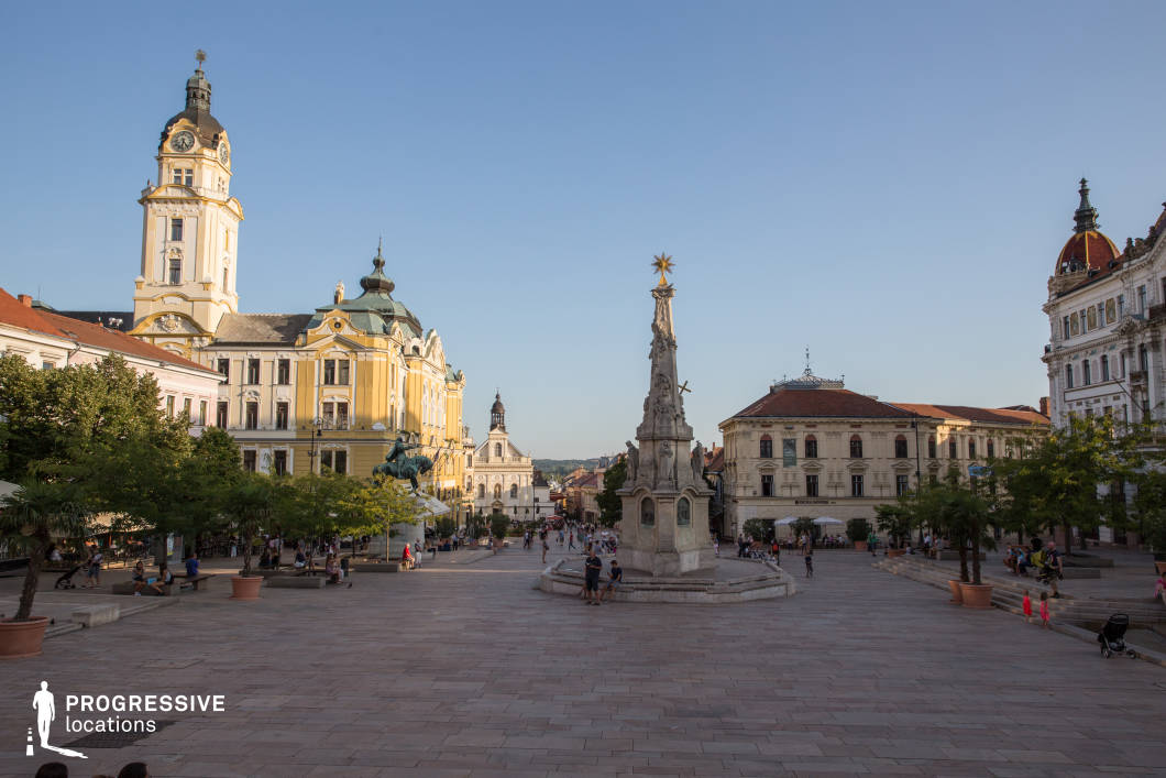 This image showcases a grand European town square framed by opulent historic buildings with intricate facades, domed rooftops, and clock towers. The symmetrical layout is centered around an ornate stone monument, adding a sense of legacy and cultural significance. The spacious, paved plaza is lined with trees and decorative lampposts, enhancing its inviting, civic atmosphere. The combination of Baroque, Renaissance, and Art Nouveau architectural styles creates a visually rich setting. This location is ideal for filming period dramas, historical documentaries, or sophisticated urban scenes, offering an elegant and timeless European backdrop.