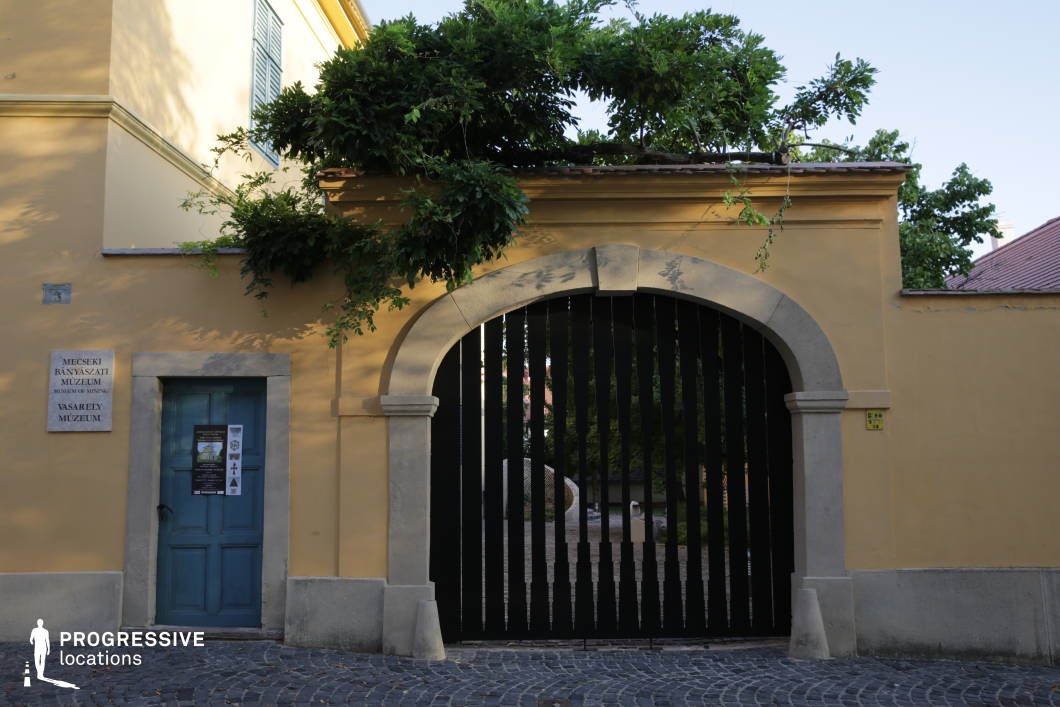 The image showcases a charming historic entrance with a large arched gateway framed by a warm yellow wall. The black metal gate, composed of vertical slats, allows glimpses into a serene courtyard beyond. A smaller adjacent door, painted in muted blue, adds to the old-world character of the location. The stone cobblestone pavement and climbing greenery overhanging the gate contribute to the picturesque European ambiance. The elegant yet slightly weathered architectural details make this setting ideal for filming period dramas, mystery narratives, or artistic documentary scenes. The enclosed courtyard and gated entry provide a sense of exclusivity and secrecy, making it a perfect backdrop for moments of intrigue, discovery, or historical reflection.