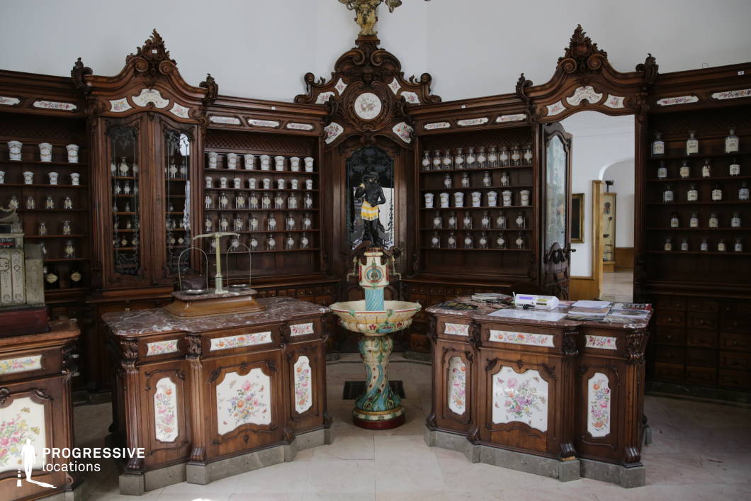 This exquisite historic apothecary features intricately carved wooden cabinetry adorned with floral porcelain inlays and glass-paneled doors. The symmetrical shelving, lined with antique ceramic jars and glass bottles, reinforces the meticulous craftsmanship and old-world charm. At the center, a decorative fountain with an elaborate sculptural element adds a focal point of elegance and refinement. The warm wood tones contrast with the crisp white walls, creating an inviting yet mysterious atmosphere. This location is ideal for filming period dramas, historical mysteries, or fantasy narratives, providing a visually rich and immersive setting for scenes involving alchemy, secret remedies, or intellectual intrigue. The apothecary’s detailed aesthetic makes it well-suited for storytelling with themes of knowledge, healing, or hidden secrets.