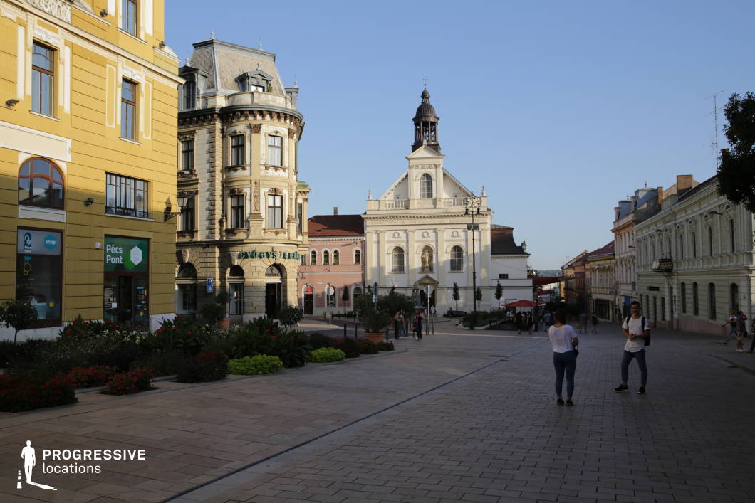 This elegant European town square is framed by a mix of classical and baroque architecture, including a grand corner building with intricate stone detailing, a symmetrical white church with a central bell tower, and a series of colorful facades lining the street. The spacious pedestrian walkway is paved with large stone tiles and complemented by well-maintained greenery and flowerbeds. The arrangement of buildings creates a sense of depth, drawing the eye toward the church as the focal point. This location is ideal for period dramas, romantic films, or cultural documentaries, offering a picturesque and sophisticated backdrop for scenes of leisurely city life, historical storytelling, or quiet introspection.