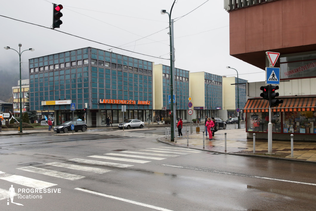 This urban intersection is defined by a series of mid-century modern commercial buildings with distinctive blue panel façades framed in grid-like concrete structures. The architecture reflects socialist-era design principles, with repetitive rectangular forms, minimal ornamentation, and utilitarian styling. The ground-level spaces serve as retail units, featuring broad windows that enhance street-level visibility and function. The buildings are spaced in a linear rhythm, and the wide sidewalks, zebra crossings, and traffic signals suggest a pedestrian-friendly environment with urban infrastructure designed for controlled traffic flow. The surrounding elements, including signage and geometric overhangs, support the retro aesthetic and highlight the area’s historical and functional integrity. This location is highly adaptable for filming scenes in genres like historical drama, urban dystopia, or retro-themed productions, and is ideal for street-level dialogues, transitional city sequences, or commercial montage shots.