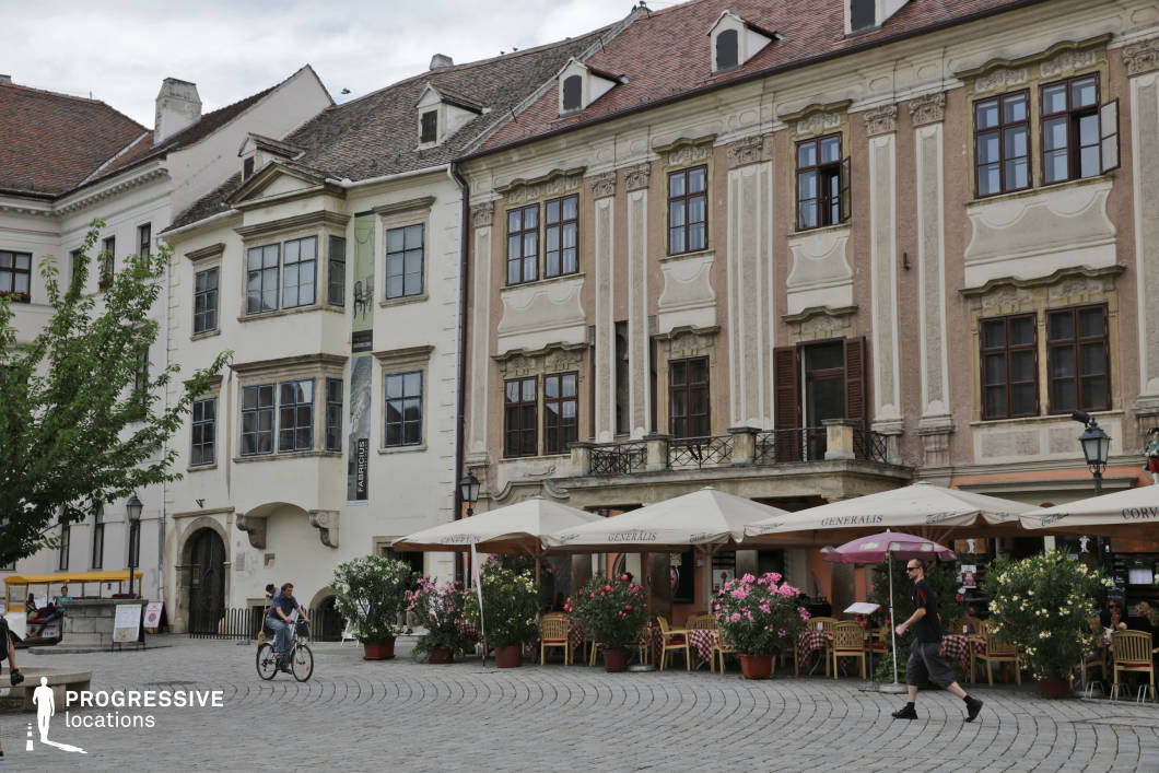 This location features a charming European square defined by intricately detailed baroque and Renaissance-style facades, showcasing symmetrical windows, decorative stucco work, and muted earth-toned plaster surfaces. The central building is three stories tall with elaborate pilasters and sculpted window frames, contributing to an overall elegant and historic ambiance. The cobblestone pavement curves gently across the open space, enhancing its old-world character and providing a visually continuous foreground. A ground-floor terrace shaded by large cream-colored umbrellas and framed by potted flowering shrubs adds texture and functionality, suggesting adaptable space use. The harmonious architectural composition, detailed ornamentation, and soft-toned materials make this site highly suitable for filming period pieces, European city scenes, or romantic drama settings.