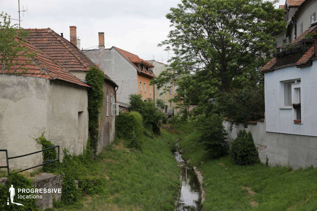 This location features a narrow stream running between modest residential buildings with worn facades and traditional clay tile roofs, suggesting a mix of late 19th and early 20th-century architectural influences. The facades vary from plastered and painted to weathered and ivy-covered, creating a layered, slightly rustic visual texture. The small watercourse is bordered by grassy embankments, creating a gentle V-shape that leads the viewer's eye into the depth of the scene. A large, mature tree on the right adds vertical structure and natural contrast to the otherwise horizontal composition. The perspective is slightly elevated and centered, offering a clear linear view of the stream and the surrounding architecture. This visually enclosed and intimate setting is ideal for filming scenes requiring a quiet, small-town European backdrop, especially suitable for dramas, period films, or contemplative urban narratives.