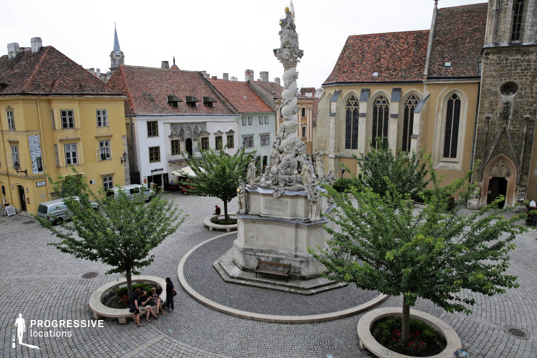 This urban square features a striking Baroque column monument as its central visual and spatial anchor, framed by uniformly laid cobblestone paving that enhances its historic character. The surrounding architecture showcases a harmonious mix of Gothic and Baroque styles, with multistory buildings bearing steeply pitched red-tiled roofs and detailed stone facades. A large church with tall arched stained-glass windows and stone buttresses dominates one side, adding verticality and a sense of grandeur. The square is symmetrically structured, with circular tree planters and stone benches that offer a sense of order and openness despite the compact layout. The color palette is warm and earthy, dominated by yellows, muted greys, and natural stone tones, which evoke a European old-town atmosphere. This location is highly versatile for filming due to its preserved historical character, architectural richness, and spatial coherence, making it ideal for period dramas, historical documentaries, or scenes requiring a traditional European town setting.