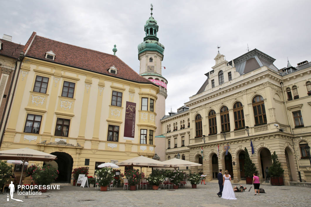 This urban square is framed by richly ornamented historic buildings showcasing a blend of Baroque and Eclectic architectural styles. The building on the left features a soft yellow façade with decorative white stucco motifs, tall rectangular windows, and a red-tiled roof with dormers. Adjacent to it stands a more monumental structure characterized by its symmetrical design, arched windows, and elaborate cornices, topped with a steep mansard roof. A prominent tower with a green patinated dome rises centrally in the background, creating a visual anchor. The cobblestone pavement and arcaded ground levels enhance the traditional European city atmosphere. Outdoor seating and structured greenery contribute to the square’s functional versatility. This location is ideal for filming historical, romantic, or cultural scenes due to its preserved architectural richness, open layout, and visually distinctive urban character.