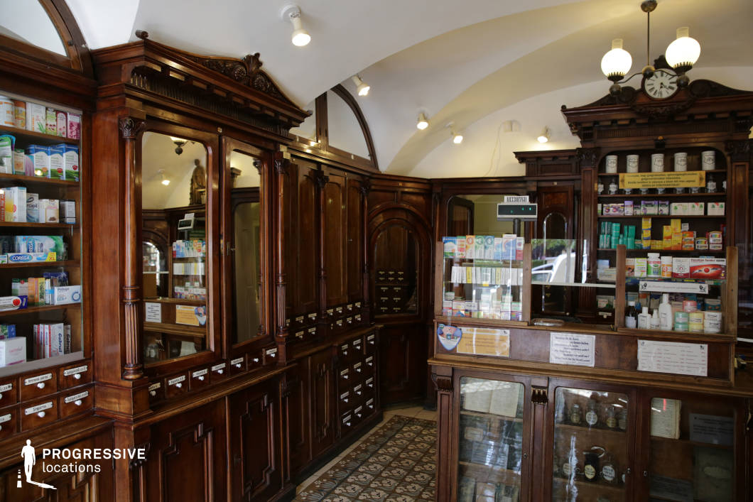 This location showcases a preserved historical pharmacy interior featuring richly detailed dark wood cabinetry, classic apothecary drawers, and built-in mirrored panels, all framed by elegant arches and a vaulted ceiling. The symmetrical layout is punctuated by an ornate wooden counter with glass display compartments, topped by a functional scale and surrounded by shelves stocked with various medical products. A central wall clock above the shelving adds a focal point and reinforces the timeless aesthetic. The floor is covered in patterned ceramic tiles, adding texture and vintage charm. The space is well-proportioned yet intimate, with a narrow layout ideal for focused framing. The combination of antique materials, consistent design motifs, and architectural authenticity makes this location particularly suited for period dramas, historical documentaries, or scenes requiring an old-world medical or scientific setting.