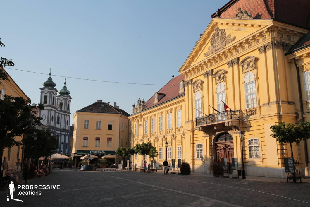This elegant historical square features a dominant Baroque palace façade adorned with ornate pilasters, sculptural details, and a grand arched entrance with a decorative balcony. The vibrant yellow color of the buildings enhances the classical aesthetic, while the finely detailed rooflines and window pediments add architectural richness. The surrounding structures maintain a consistent historical character, with pastel façades and traditional proportions, complemented by cobblestone paving and symmetrical tree plantings. A twin-towered church adds vertical contrast in the background, anchoring the space visually. This location is ideal for period dramas, historical reenactments, or any production requiring a sophisticated European old-town ambiance, particularly suitable for establishing shots or formal, culturally rich scenes.