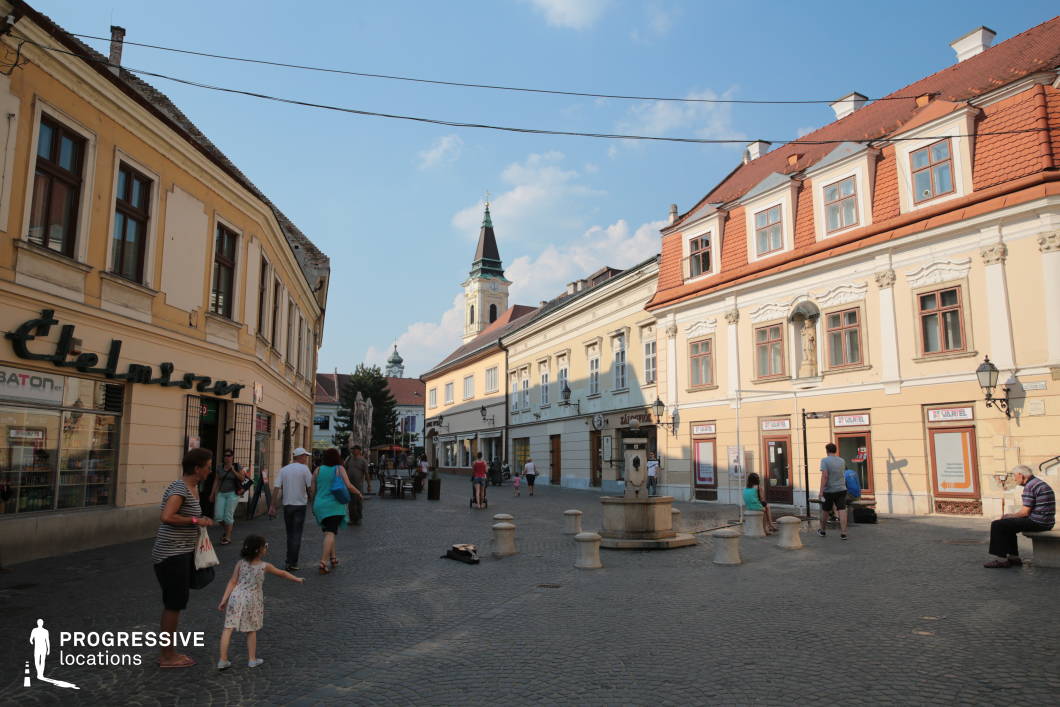 This urban scene presents a charming baroque-style square characterized by pastel-toned facades, red tile roofs, and decorative window frames. The central focal point is a modest stone fountain encircled by cylindrical seating elements, which anchors the square and enhances its symmetrical layout. The surrounding buildings range from two to three stories in height, with ornate cornices and integrated niches, one of which features a small statue, contributing to the historical ambiance. The cobblestone paving introduces a textured, old-world character, while the narrow street and the visually dominant church tower in the background offer strong vertical elements and depth. The overall atmosphere is quaint and historic, making this location ideal for period pieces, romantic dramas, or any production seeking an authentic European small-town setting with architectural richness and visual intimacy.