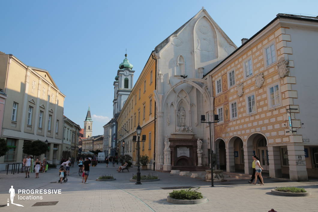 This elegant pedestrian street is lined with well-preserved historical buildings in pastel hues, showcasing a harmonious mix of Baroque and Gothic architectural styles. Dominating the right side of the frame is a striking white stone memorial with Gothic arches and sculptural reliefs, framed by richly decorated façades featuring geometric and heraldic motifs. A tall clock tower with a green patinated dome rises above the linear perspective, guiding the eye toward the distant church spire. The paving is uniform and clean, with round planters and classic street lamps adding visual rhythm and spatial structure. This location is ideal for period dramas, historical documentaries, or romantic scenes requiring a timeless European old-town setting with architectural depth and a refined urban character.