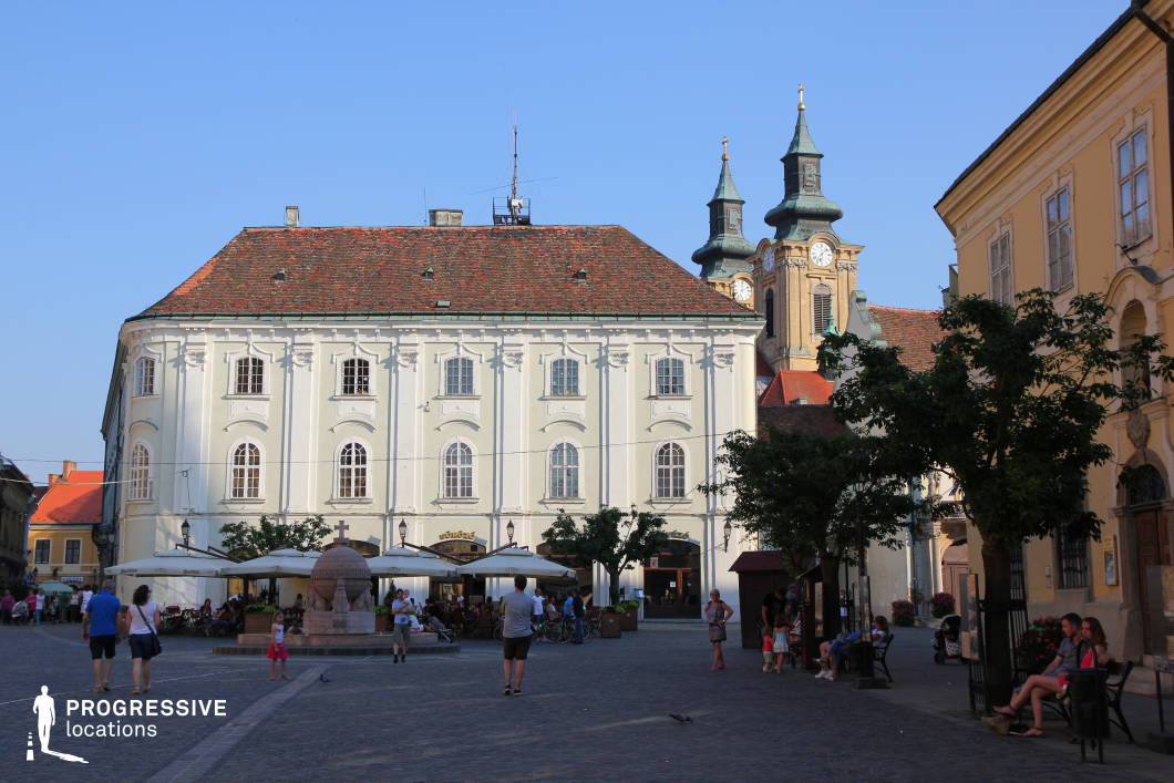 This location features a classic European town square dominated by Baroque architectural elements and symmetrical urban design. The central building has a pale, uniform façade with vertically aligned arched windows, decorative stucco frames, and a steeply pitched, tiled roof that reinforces the historical atmosphere. Behind it, a pair of ornate church towers with onion-shaped domes and clock faces rise above the skyline, adding vertical emphasis and visual interest. Flanking structures exhibit warm-toned plaster and period-specific window treatments, complementing the historic aesthetic. The square is paved with cobblestones and centered around a sculptural stone fountain, providing a balanced geometric layout. Lined with trees, benches, and covered outdoor seating, the space has a calm, orderly structure suitable for a range of production needs. This location is ideal for filming historical dramas, period pieces, or romantic scenes that require a timeless European backdrop with well-preserved architectural integrity.
