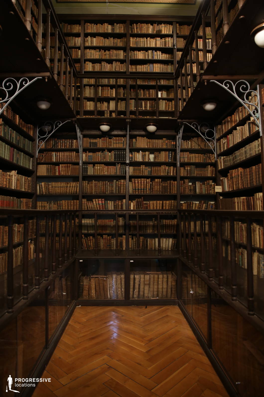 This historic library reading room is a strikingly preserved space, enveloped by towering dark-wood bookshelves filled with aged, leather-bound volumes. The intimate, multi-level structure is accentuated by an iron-railed mezzanine, allowing access to the vast collection. Soft, ambient lighting from wall-mounted fixtures enhances the deep tones of the wood and the golden patina of the book spines. The herringbone-patterned wooden flooring adds warmth and elegance, reinforcing the library’s classical academic atmosphere. The setting is ideal for historical, period, or mystery-themed productions, offering an evocative, scholarly ambiance with a timeless, almost mystical charm.