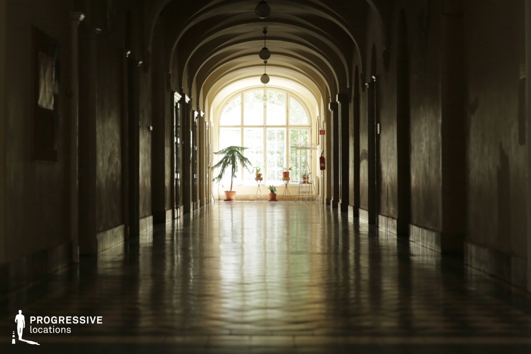 This long, arched corridor features a series of repeating vaults, creating a rhythmic architectural flow that draws the eye toward a large window at the far end. The dimly lit hallway is lined with dark walls and reflective checkered flooring, enhancing its atmospheric depth. The soft natural light filtering through the window casts a striking contrast between shadowed areas and the sunlit space beyond, where potted plants add a delicate touch of warmth. Ideal for historical dramas, psychological thrillers, or mystery films, this location evokes a sense of introspection, secrecy, or quiet tension.