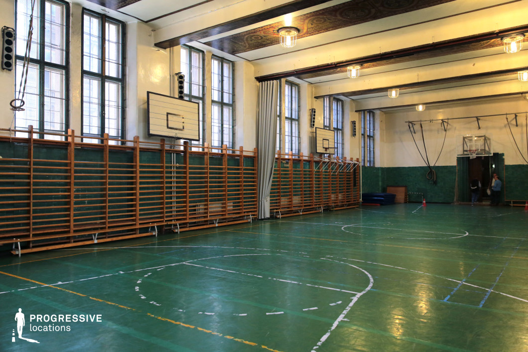This retro-style gymnasium features a green-worn sports floor with faded court markings, complemented by wooden climbing bars lining the walls. Tall multi-pane windows allow natural light to enter, highlighting the high ceilings adorned with vintage patterned panels and exposed metal beams. Basketball hoops with simple backboards and gymnastic rings add to the old-school athletic aesthetic. Hanging industrial-style lights contribute to the institutional atmosphere. This location is ideal for filming nostalgic school settings, sports dramas, or historical documentaries requiring a classic gymnasium backdrop.