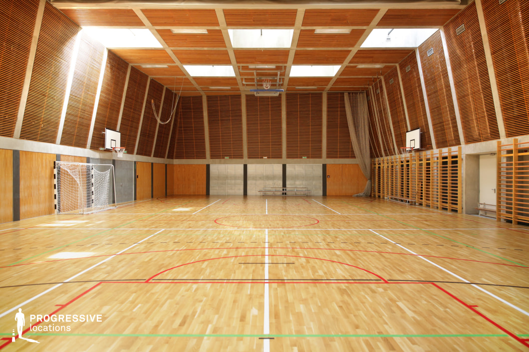 This modern gymnasium features a sleek yet warm design, dominated by natural wood tones. The polished hardwood floor is marked with multi-sport lines, while angled wooden panel walls create a dynamic visual effect. Skylights allow natural light to flood the space, highlighting the architectural details. Basketball hoops, a handball goal, and wooden climbing frames along the walls add to its functionality. The high ceiling and slatted wood paneling contribute to the airy, contemporary atmosphere. This location is ideal for sports films, training montages, or cinematic scenes focused on competition, discipline, or teamwork in drama and coming-of-age genres.