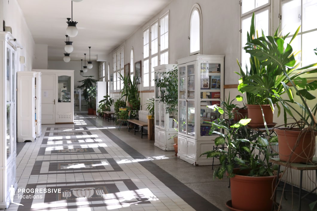 A long, elegant corridor illuminated by natural light streaming through tall, arched windows. The space is adorned with decorative tile flooring featuring intricate patterns and classical motifs. White wooden cabinets filled with books and decorative plants add an academic and vintage charm. Lush green potted plants line the walls, enhancing the fresh and inviting atmosphere. Hanging globe-shaped light fixtures contribute to the historic ambiance. This setting is ideal for scenes requiring a refined, timeless interior with a balance of natural elements and classical architectural features.
