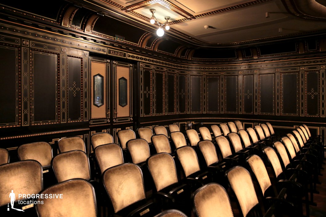 A richly decorated, intimate auditorium featuring plush gold-upholstered seats arranged in a curved formation. The dark wood-paneled walls are adorned with intricate gold geometric detailing, evoking a timeless elegance. The ceiling features ornate molding with a subdued lighting fixture, enhancing the moody and atmospheric ambiance. The vintage double doors, with small diamond-shaped windows, add to the classical aesthetic. This setting is ideal for historical films, noir-inspired dramas, or period-piece productions requiring a sophisticated, old-world cinematic backdrop.