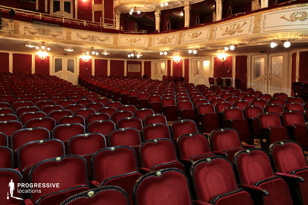 This grand theater auditorium features rows of plush red velvet seats accented with gold details, leading up to an ornately decorated balcony. The rich red and gold color scheme, intricate wall paneling, and elegant moldings evoke a sense of classic European opulence. The upper-level boxes, adorned with decorative reliefs and drapery, contribute to the grandeur of the space. The symmetry and depth of the seating arrangement create a visually striking perspective. This location is ideal for period dramas, operatic or theatrical settings, and mystery or noir films that require an atmosphere of sophistication and history.