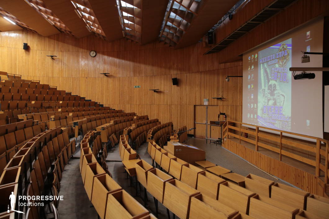 This vintage-style auditorium features curved tiered seating with integrated foldable desks, all crafted from warm-toned wood that enhances its mid-century academic character. The fully paneled wooden walls and slanted ceiling with skylights create a cohesive and immersive aesthetic while optimizing acoustics. A large projection screen dominates the front, supported by a raised podium and various presentation equipment. The combination of natural materials, structured layout, and nostalgic academic atmosphere makes this space ideal for lectures, conferences, or cultural events requiring a retro yet functional setting.