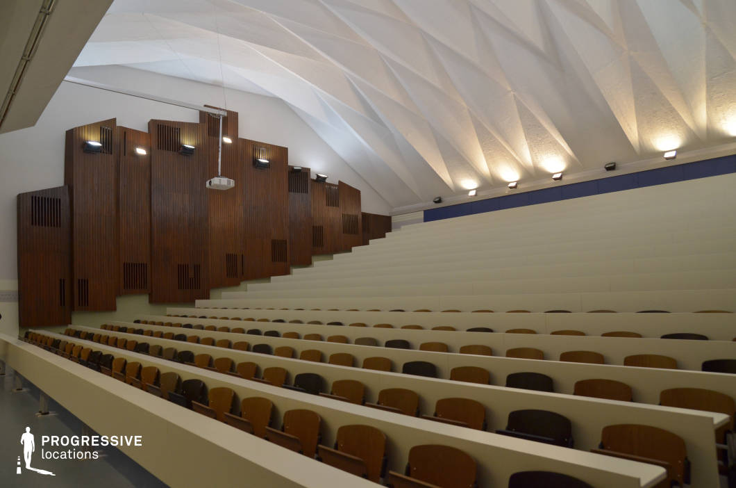 This contemporary lecture hall features tiered seating with a minimalist color scheme, combining cream-colored desks and contrasting wooden chairs for a balanced aesthetic. The ceiling showcases an intricate geometric design with angular, illuminated recesses that enhance the architectural depth. A striking wooden panel on the wall incorporates integrated lighting and ventilation elements, contributing to both visual interest and functionality. A centrally suspended projector ensures optimal presentation capabilities, making this space ideal for academic lectures, professional seminars, or modern institutional settings.