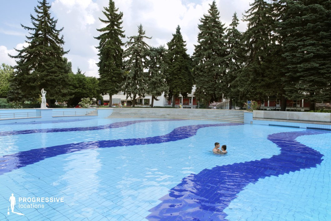  A large, open-air swimming pool features a distinctive blue tile pattern creating a dynamic wave-like effect across the water’s surface. The pool is surrounded by tiered seating, giving it an amphitheater-like structure, ideal for leisure and social gatherings. Tall evergreen pine trees form a natural barrier, adding a secluded and tranquil atmosphere. A white classical statue on the edge of the pool adds an artistic touch, enhancing the aesthetic appeal. In the background, a row of low-rise buildings with red and white facades integrates into the lush greenery, suggesting a resort or spa-like setting. This location is perfect for cinematic scenes requiring an elegant yet relaxed outdoor pool environment.