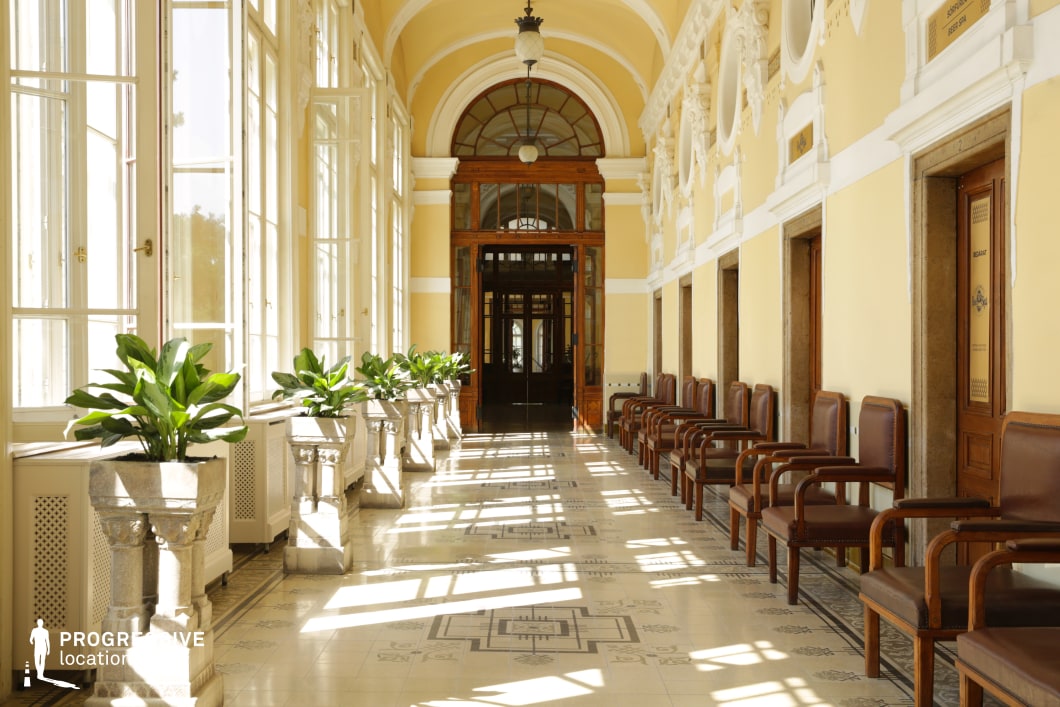 This refined corridor features a series of tall arched windows allowing ample natural light to stream in, casting intricate shadows on the patterned tiled floor. The soft yellow walls, adorned with ornate white moldings and decorative arches, create a warm and inviting atmosphere. Rich wooden doors and vintage-style leather chairs line the hallway, emphasizing its historical elegance. Lush green plants in sculpted stone planters add a touch of nature to the classical setting. This location is ideal for period dramas, historical documentaries, and sophisticated character-driven narratives requiring a serene yet grand ambiance.