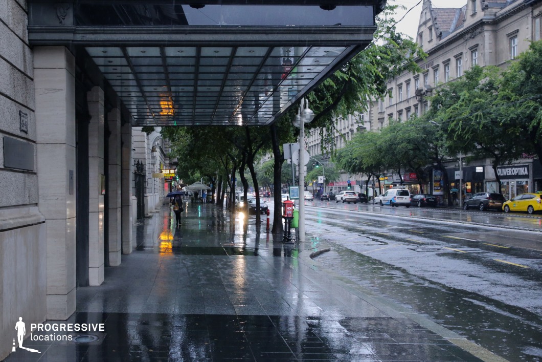 This atmospheric city sidewalk features a sleek glass canopy extending over a polished stone walkway, reflecting the glow of nearby storefronts and streetlights. The historic buildings lining the boulevard showcase elegant facades with classical detailing, while a row of lush trees softens the urban environment. The covered walkway creates a visually striking perspective, leading towards a distant vanishing point, enhancing depth and scale. This location is ideal for noir thrillers, urban dramas, or contemplative character moments, offering a refined yet moody backdrop with strong cinematic potential.
