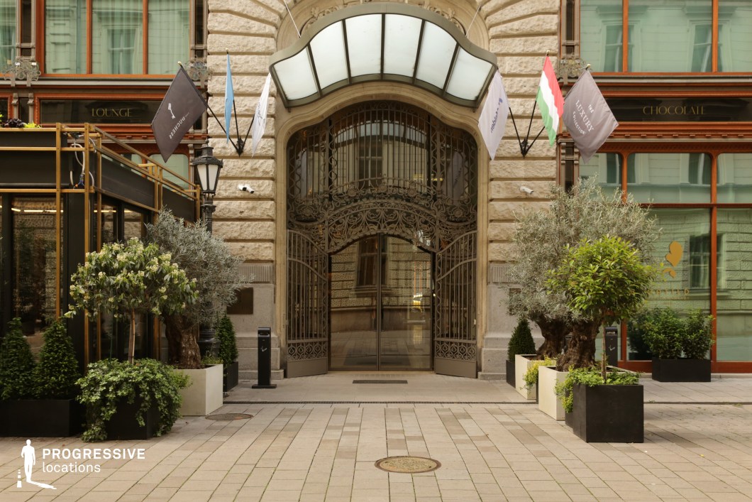 Elegant historic building entrance with wrought-iron gates and potted plants, suitable as a film and photography location for refined architectural scenes.