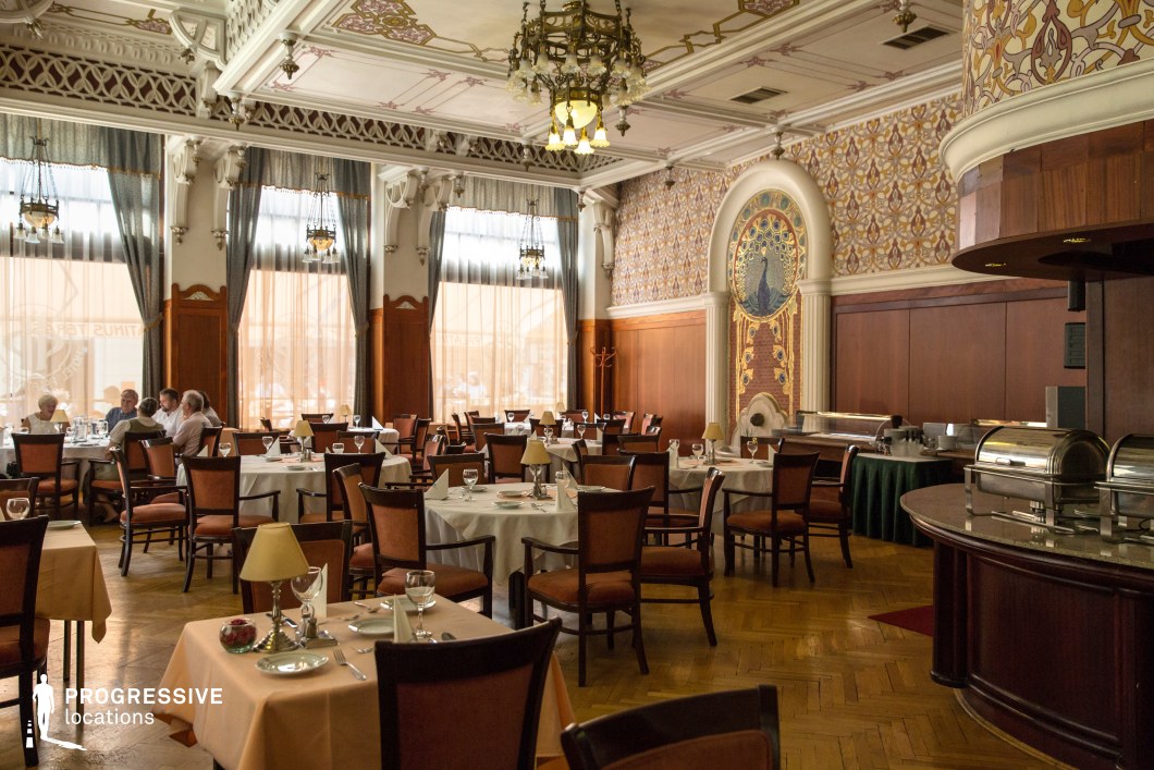 This sophisticated dining hall showcases Art Nouveau elegance with high ceilings, intricate moldings, and a grand peacock mosaic as a striking focal point. The large arched windows, adorned with sheer drapery, allow soft, diffused light to enhance the warm wooden paneling and patterned wall designs. Classic chandeliers and ornate hanging lamps contribute to the refined atmosphere, while neatly arranged tables with crisp linens complete the upscale setting. This location is ideal for period dramas, refined social gatherings, or mystery thrillers, offering a cinematic backdrop that exudes old-world charm and quiet sophistication.