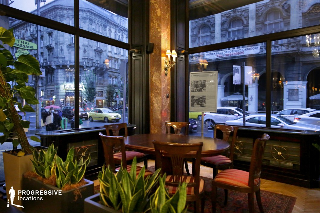 This sophisticated café interior features dark wooden paneling, rich marble accents, and elegant antique-style furnishings. Large panoramic windows frame a bustling urban street lined with grand historic buildings, enhancing the contrast between the warm, intimate indoor space and the dynamic cityscape outside. The refined lighting, plush seating, and carefully placed greenery add to the inviting yet formal ambiance. This location is ideal for character-driven dramas, period films, or psychological thrillers, offering a timeless setting that blends old-world charm with urban sophistication.
