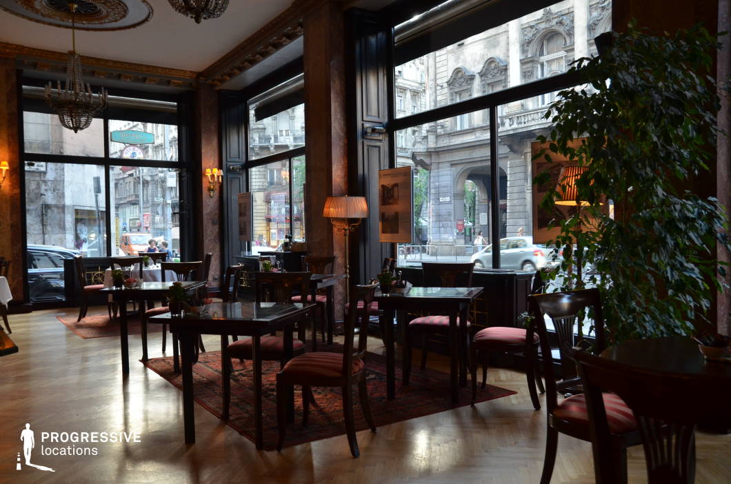 This elegant European café exudes historic charm with its grand interior, featuring high ceilings, intricate chandeliers, and tall windows that flood the space with natural light. The dark wooden furniture, paired with red-upholstered chairs and Persian-style rugs, creates a refined yet inviting atmosphere. The marble-clad walls and decorative molding add a sense of sophistication, enhanced by the warm glow of vintage-style wall sconces and standing lamps. Large glass windows provide a striking contrast between the café's old-world elegance and the lively city street outside, lined with historic stone buildings adorned with ornate architectural details. The well-balanced blend of classic design elements and urban surroundings makes this setting ideal for capturing scenes of refined leisure or sophisticated social gatherings.