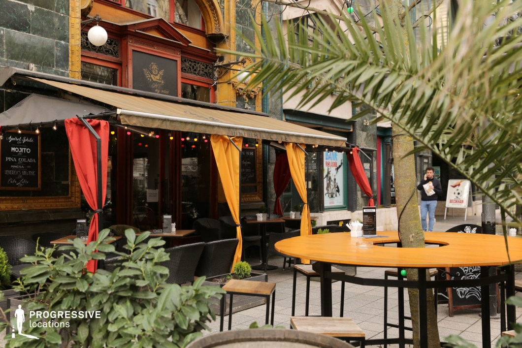 This lively outdoor café exudes an eclectic and inviting ambiance, blending historic architectural details with bold decorative elements. The façade features intricate moldings and a vintage-style entrance, while the extended awning and colorful draped curtains in warm red and yellow tones add a dynamic, bohemian character. The seating area consists of dark wicker chairs and wooden tables, creating a casual yet stylish environment. A standout feature is the round communal table encircling a tree, reinforcing the café’s natural and social atmosphere. Lush greenery and string lights contribute to the cozy, welcoming feel, making this space ideal for relaxed gatherings, casual dining, or a vibrant urban film setting.