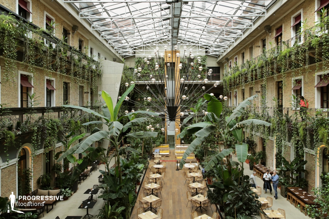 This breathtaking atrium café seamlessly blends nature with industrial architecture, featuring an expansive glass ceiling that floods the space with natural light. The multi-level brick structure is adorned with cascading greenery, creating a serene and tropical atmosphere. Towering banana plants and lush foliage enhance the courtyard’s organic charm, while contemporary wooden tables and wire-frame chairs offer a modern contrast. A striking sculptural chandelier adds a dramatic focal point, reinforcing the venue’s fusion of nature and design. Ideal for upscale social gatherings, stylish urban retreats, or cinematic settings, this space captures the essence of a hidden garden oasis within a historic architectural framework.
