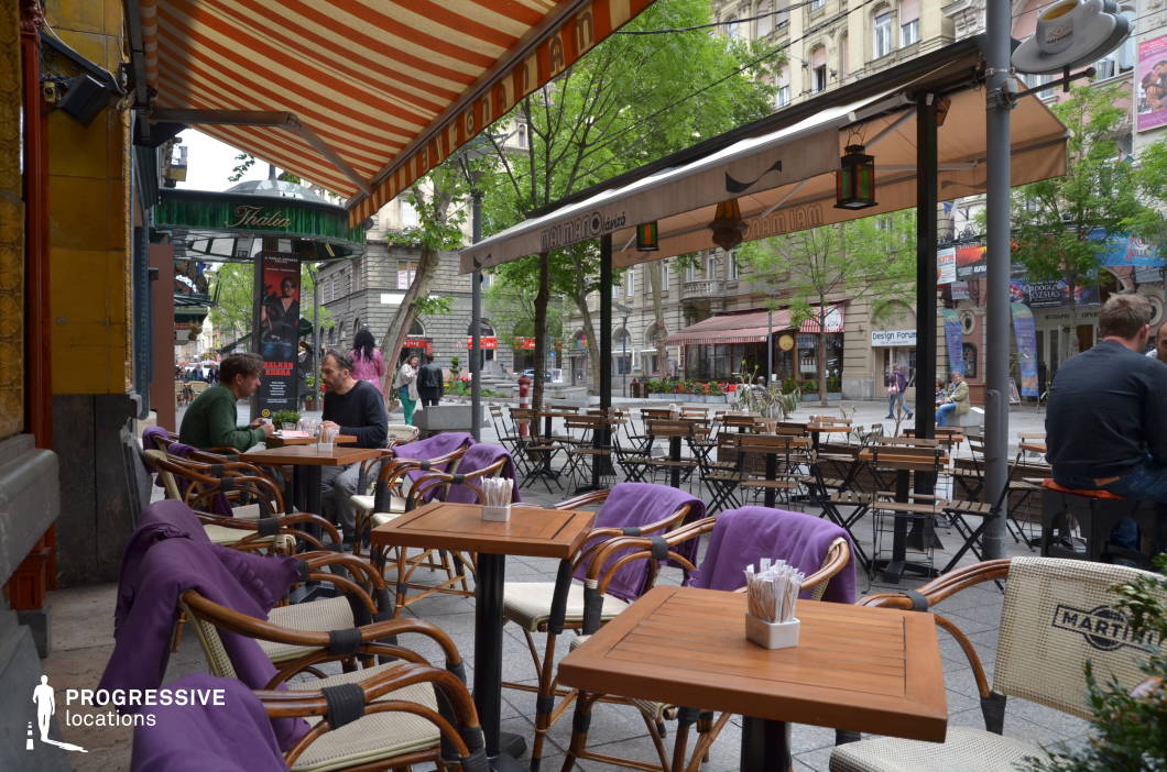 This inviting European café terrace features a charming mix of wooden tables, wicker chairs, and purple blankets draped over the seating, creating a relaxed and welcoming atmosphere. Striped awnings and branded parasols provide shade, while warm-toned lanterns add a decorative touch. The setting is situated along a lively pedestrian street, lined with elegant historic buildings, boutique storefronts, and lush green trees that enhance the vibrant city ambiance. The combination of natural elements, urban architecture, and thoughtfully arranged seating makes this an ideal location for casual outdoor dining, social gatherings, or capturing the essence of a European street café.